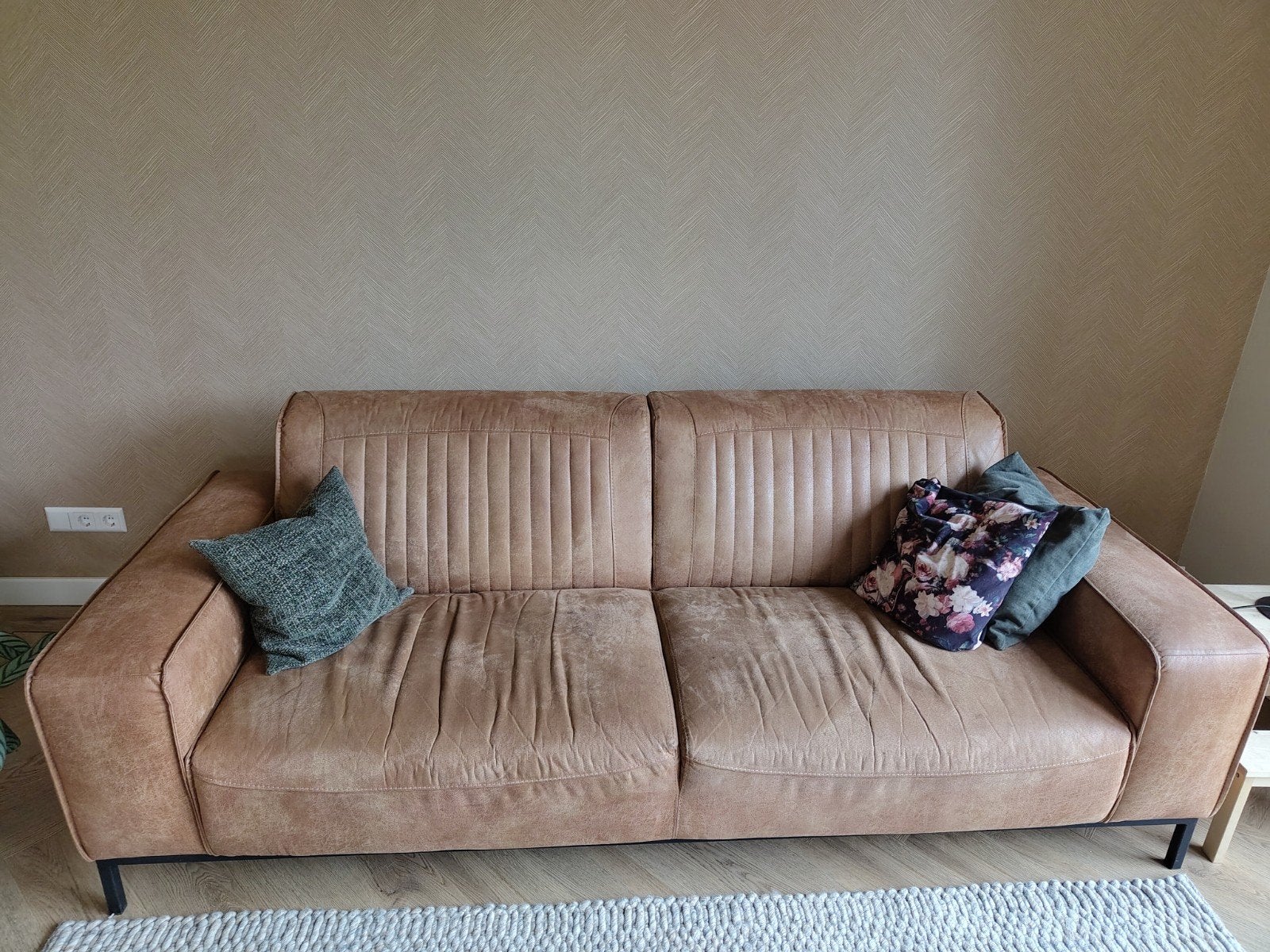Lederen bank cognac 2,36m, Huis en Inrichting, Ophalen, Gebruikt, Driepersoons, Rechte bank