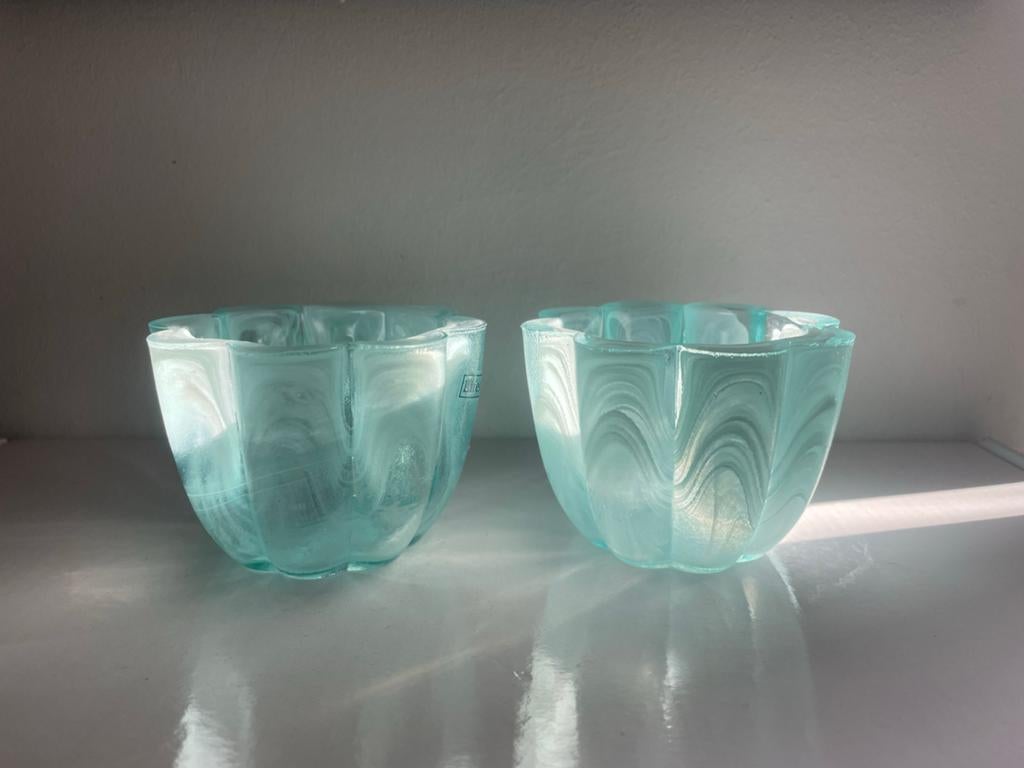 Mooie glazen turquoise waxinelichthouders (set van 2), Overige materialen, Blauw, Ophalen of Verzenden, Zo goed als nieuw