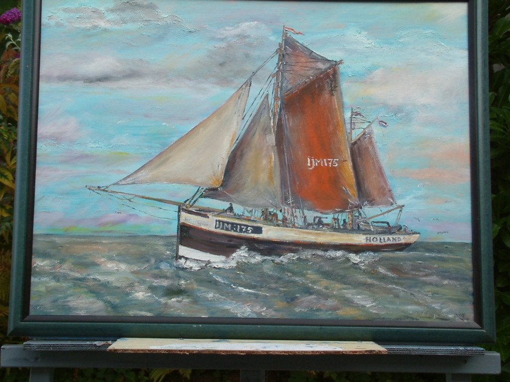 oude visserij op de zeil schilderijen Jac Caljouw Arnemuiden, Maritiem / water, Doek, Ophalen of Verzenden, Gesigneerd