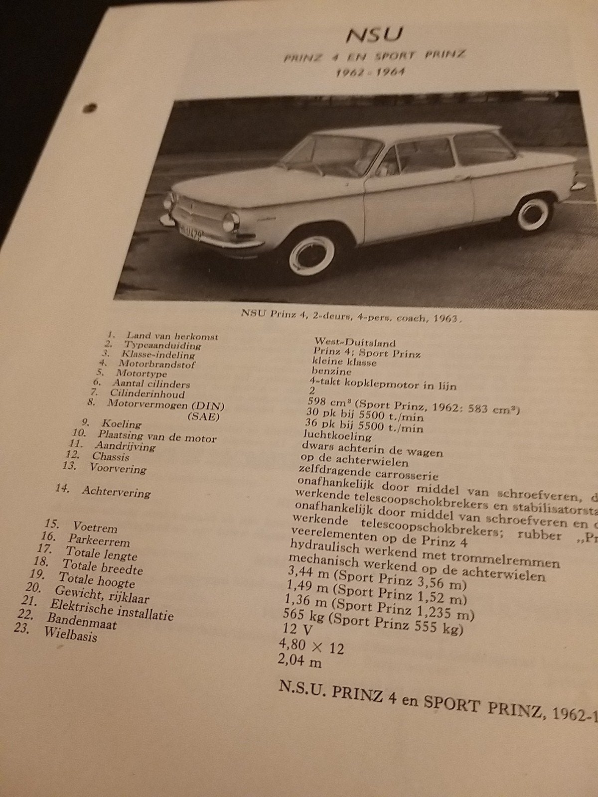 jaren 70 NSU SPORTPRINZ coupé PRINZ 4 technische informatie, Ophalen of Verzenden, Zo goed als nieuw, Overige merken