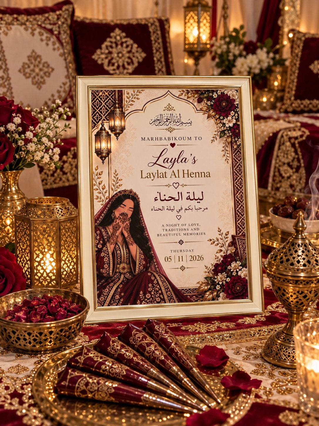 Luxe Henna Fotolijst – Gepersonaliseerde Henna Decoratie, Overige thema's, Textiel, Meerkleurig, Ophalen of Verzenden