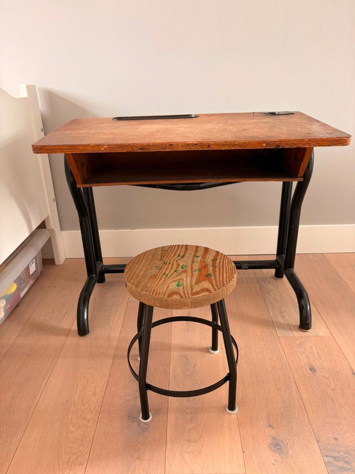 Vintage schoolbankje met krukje, Ophalen of Verzenden