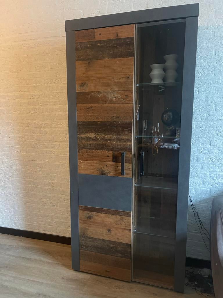 Hoge wandkast met glas en hout - Industrieel design, Ophalen, Gebruikt, 200 cm of meer, 50 tot 100 cm