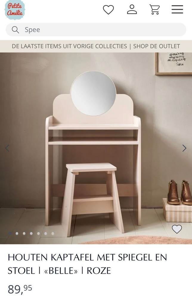 Petite Amelie - Roze houten kaptafel met Spiegel & Stoel, Zo goed als nieuw, Minder dan 100 cm, Hout, 50 tot 100 cm