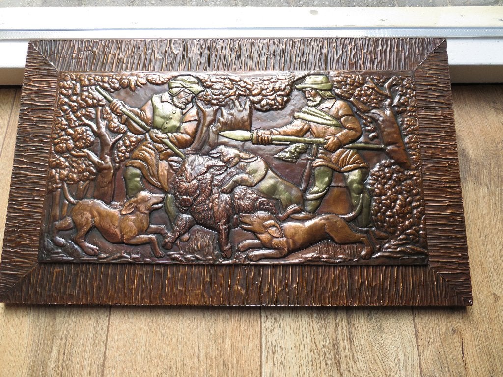 wandpanneel kopergeslagen zwijnenjacht, Antiek en Kunst, Antiek | Koper en Brons, Ophalen of Verzenden, Koper