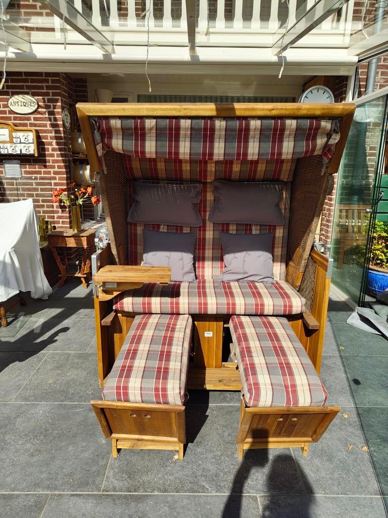Verstelbare strandkorf, strandstoel met beschermhoes., Tuin en Terras, Ophalen, Zo goed als nieuw, Hout, Verstelbaar