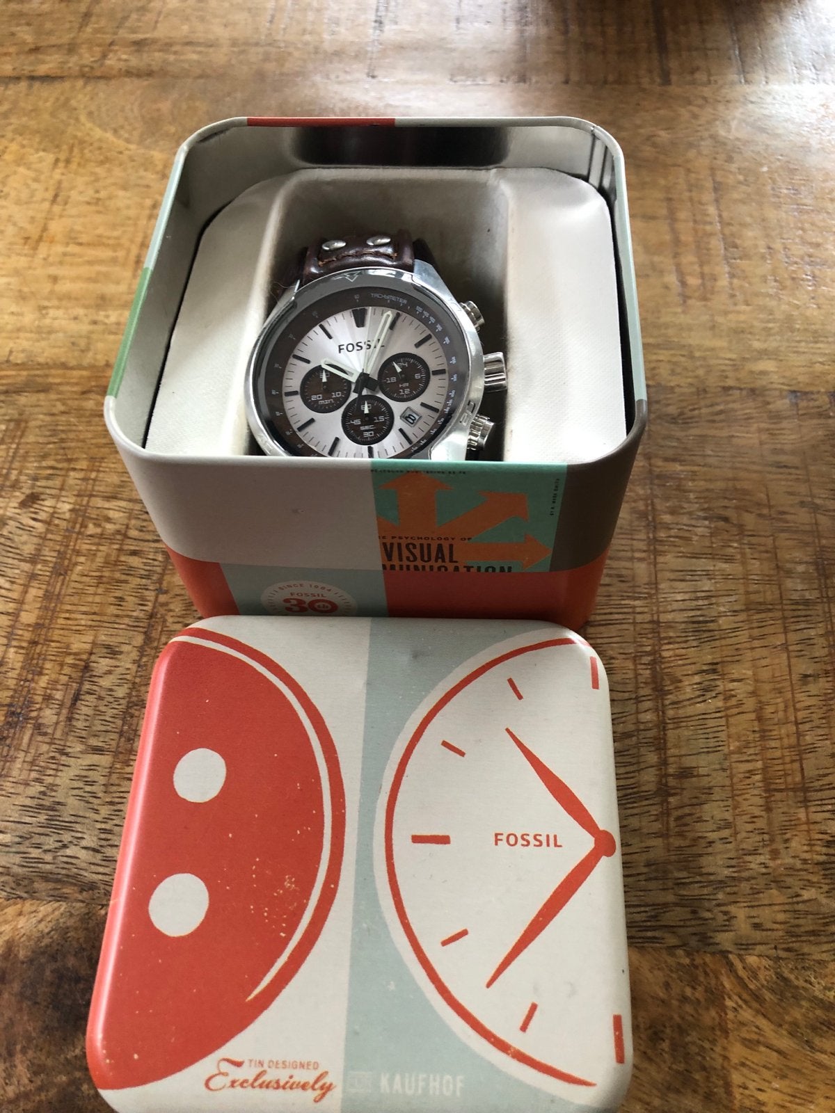 Fossil herenhorloge met bruine leren band en chronograaf, Sieraden, Tassen en Uiterlijk, Staal, Polshorloge, Ophalen of Verzenden