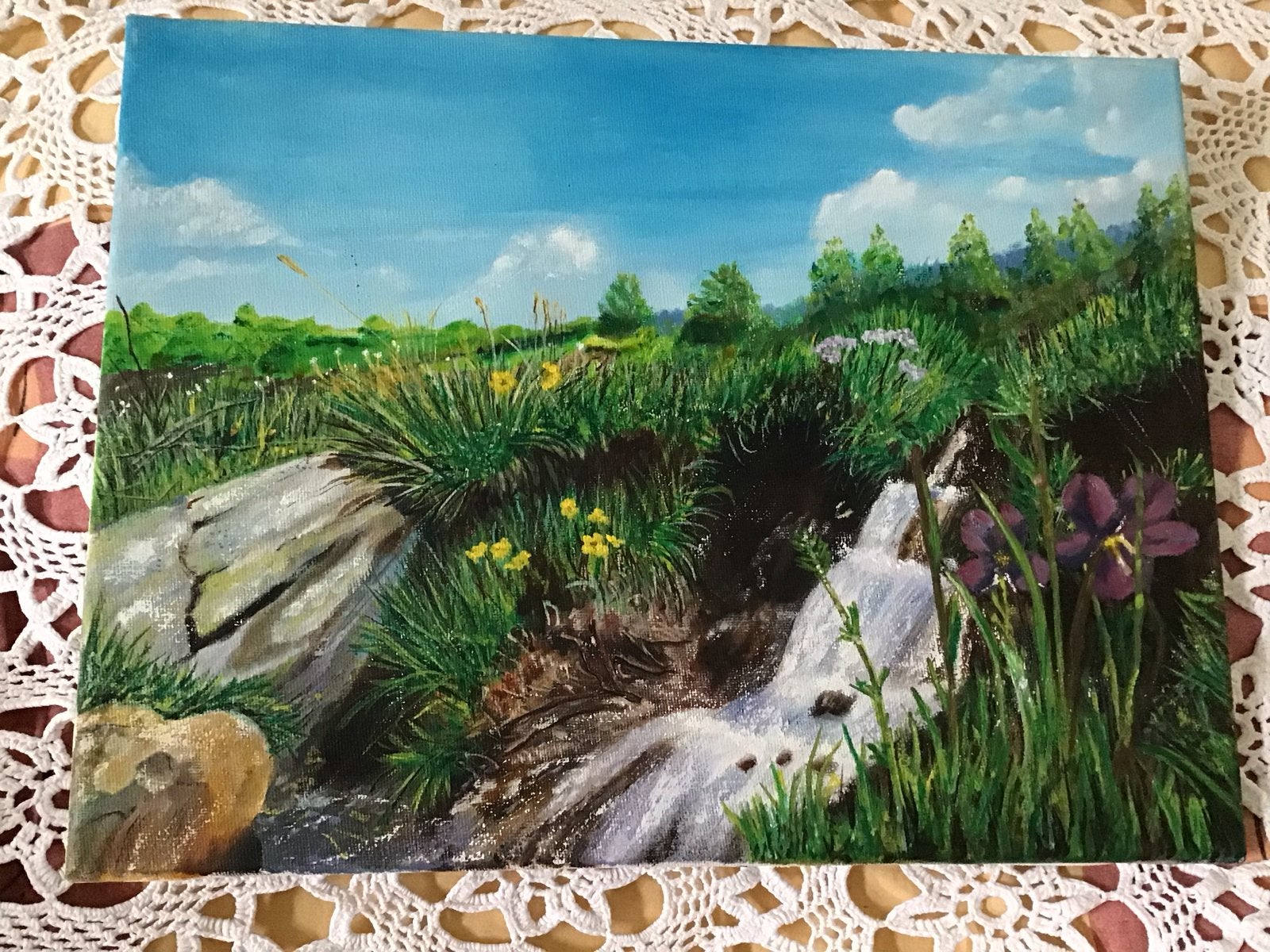 Schilderij Landschap met Waterval en Bloemen, Doek, Realistisch, Ophalen of Verzenden, Gesigneerd