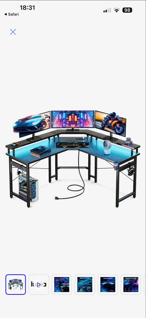 Gaming Bureau Hoekbureau L-vorm met RGB LED en Monitorstanda, Huis en Inrichting, Ophalen, Zwart, Metaal, Zo goed als nieuw