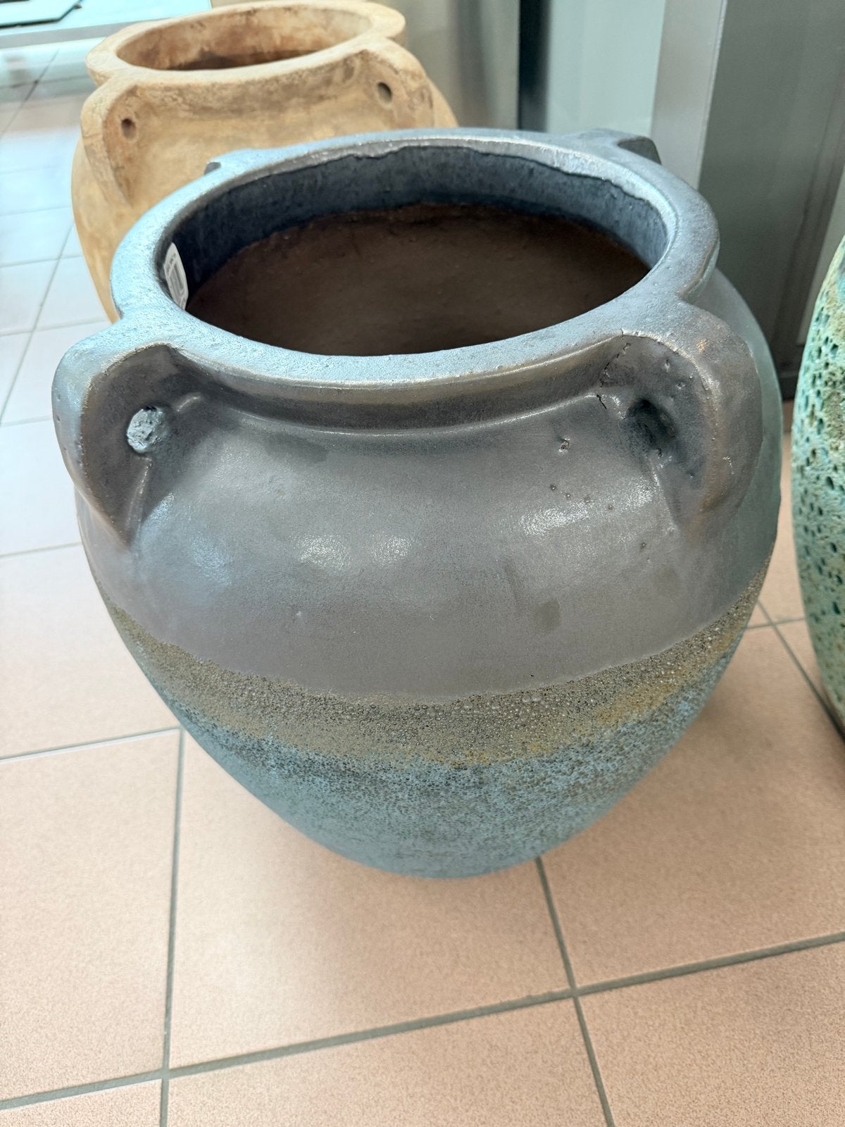 Grote Aardewerk Bloempot met Handvatten - Grijs/Blauw, Ophalen, 40 cm of meer, Rond, Nieuw