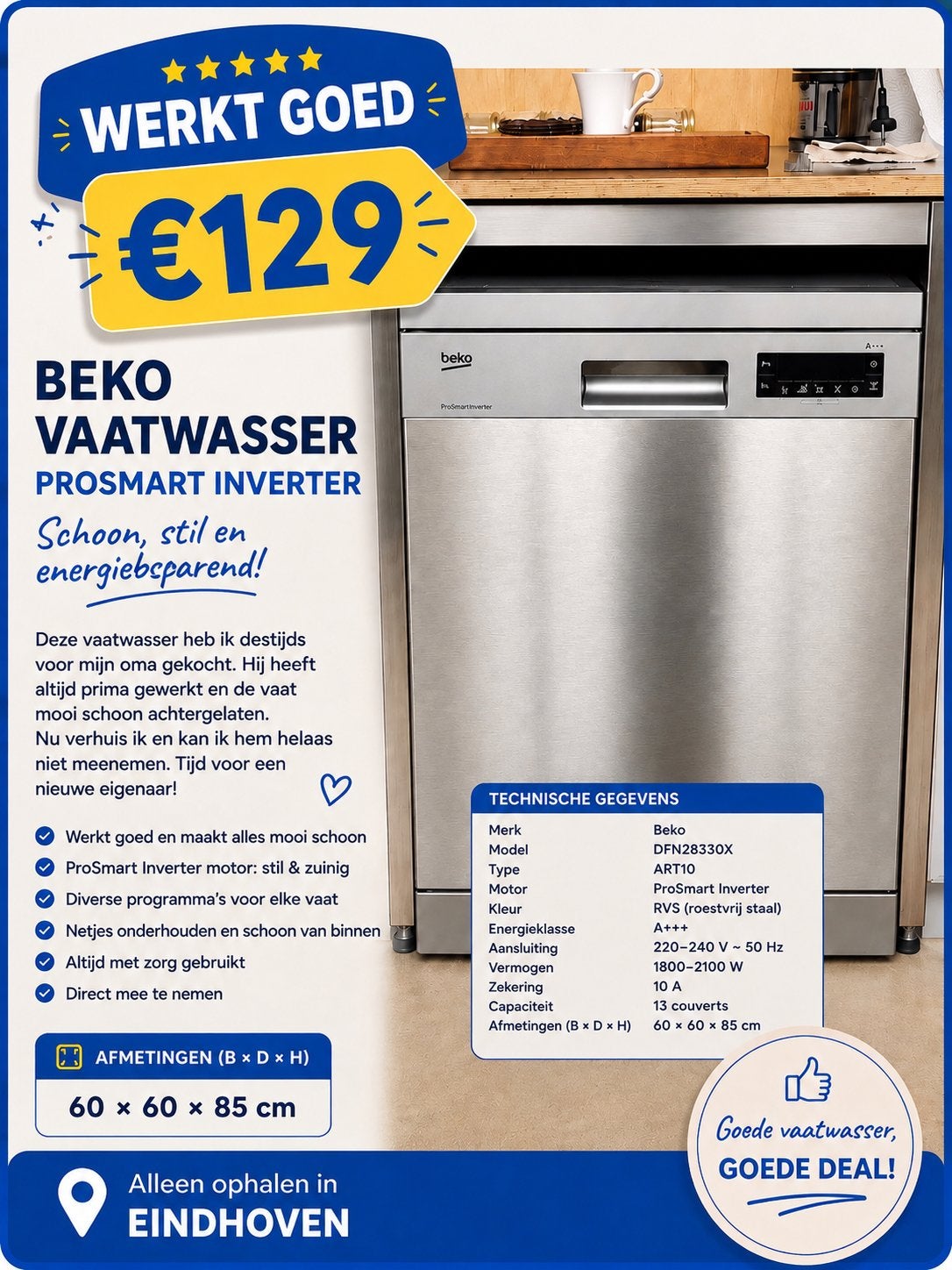 Beko vaatwasser RVS – ProSmart Inverter – werkt goed – €129, Ophalen, Tussenbouw, Zo goed als nieuw, 45 tot 60 cm