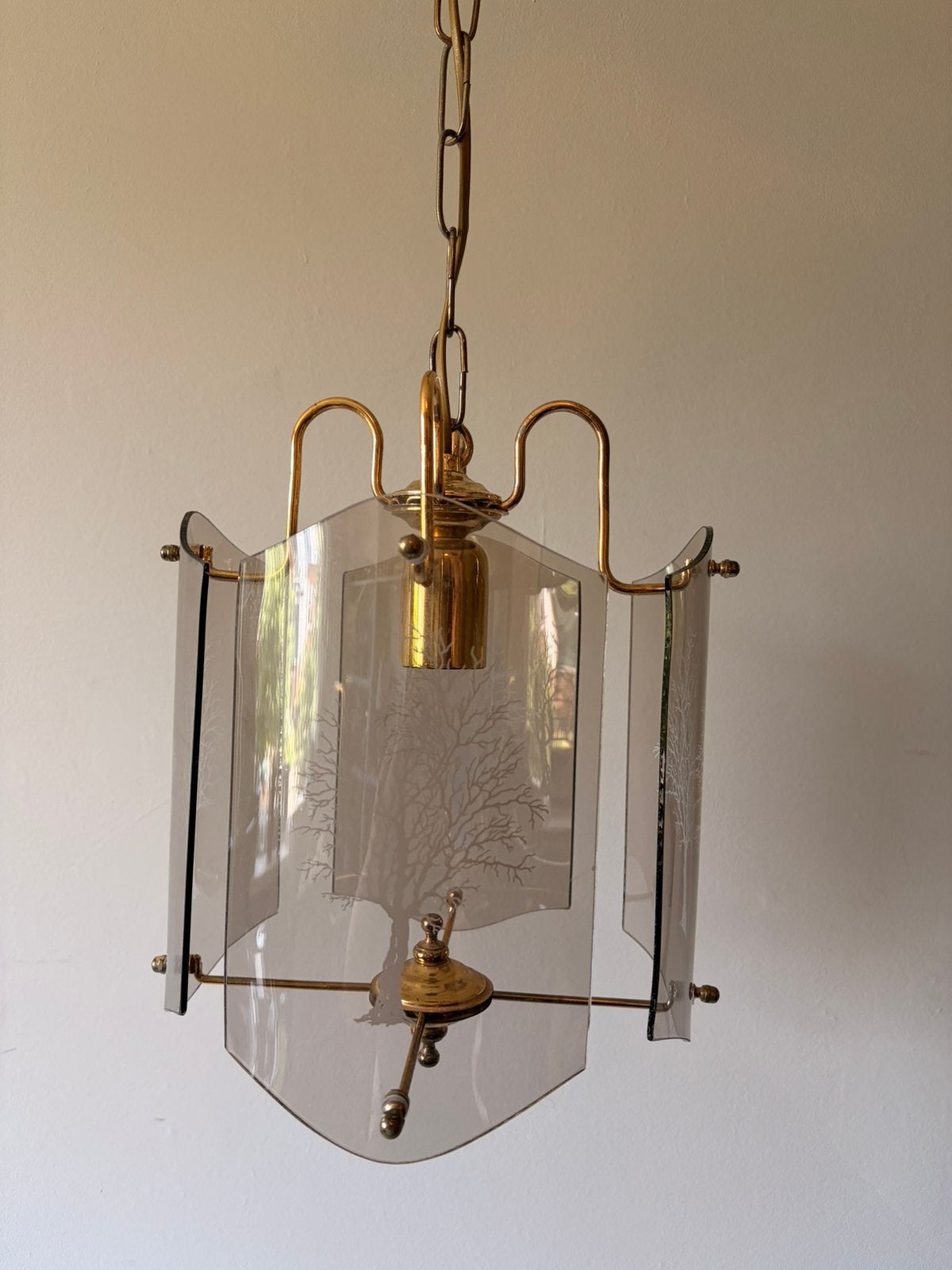 Vintage gouden hanglamp, Ophalen of Verzenden, Gebruikt, Glas, Vintage