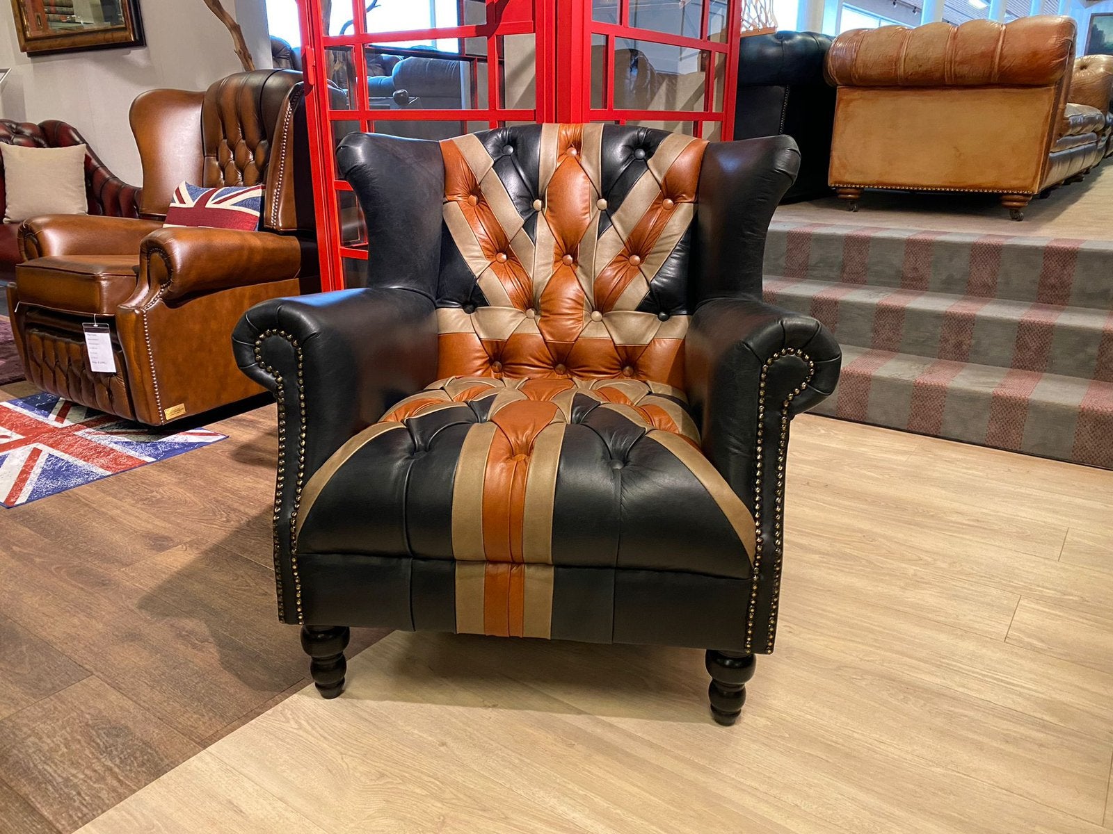 Chesterfield Fauteuil Union Jack Engelse vlag 100% rundleer, Ophalen of Verzenden, Nieuw, 75 tot 100 cm, Leer