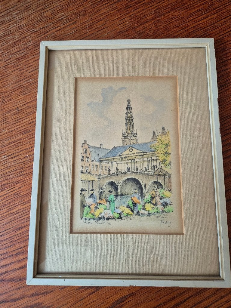 Leiden Korenbeurs Ingekleurde Litho Gerard van Berkel Bonte, Gesigneerd in de plaat, Ophalen of Verzenden, Overige onderwerpen