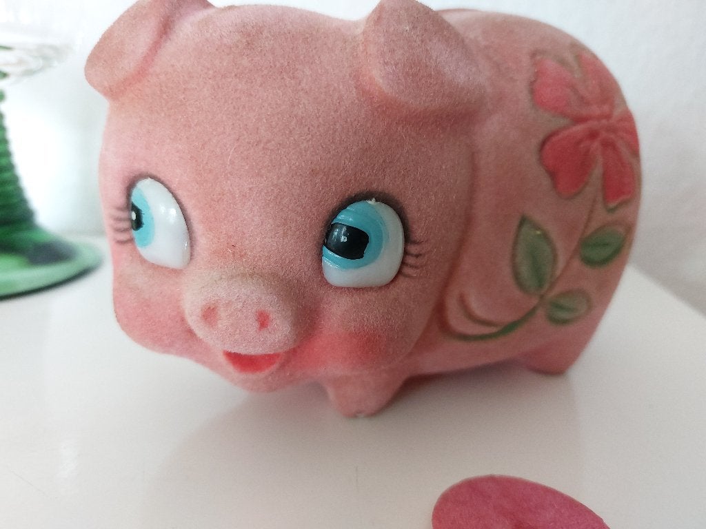 Spaarpot roze spaarvarken jaren 60 velours flocklaag vintage, Verzamelen, Spaarpotten, Ophalen, Gebruikt, Kunststof, Dier