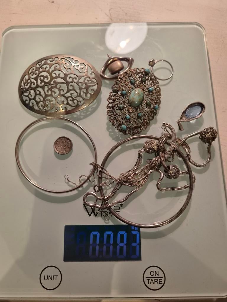 Partij sloopzilver, diverse sieraden en munten, 83 gram, Ophalen of Verzenden, Zilver