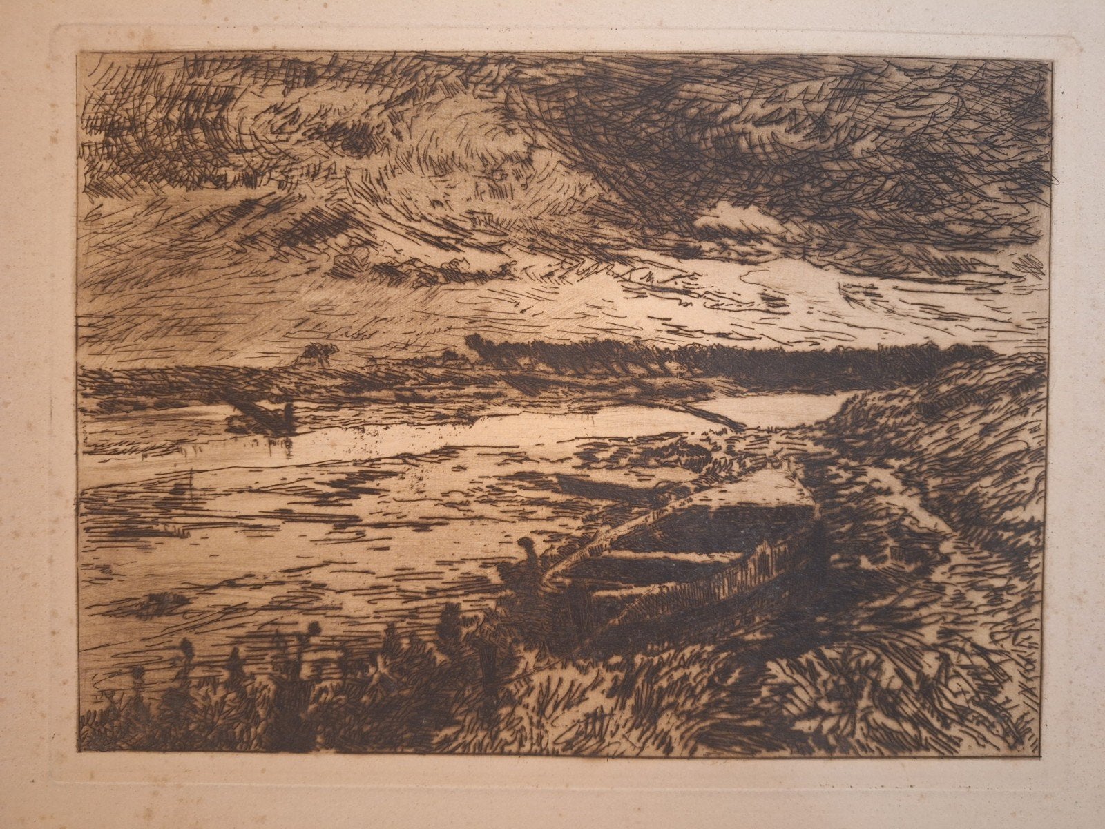 Ets roeiboot langs rivier, Le Mayeur, Chenal de Nieuport, Ophalen of Verzenden, Landschap, 1900 - 1949, Met tekst