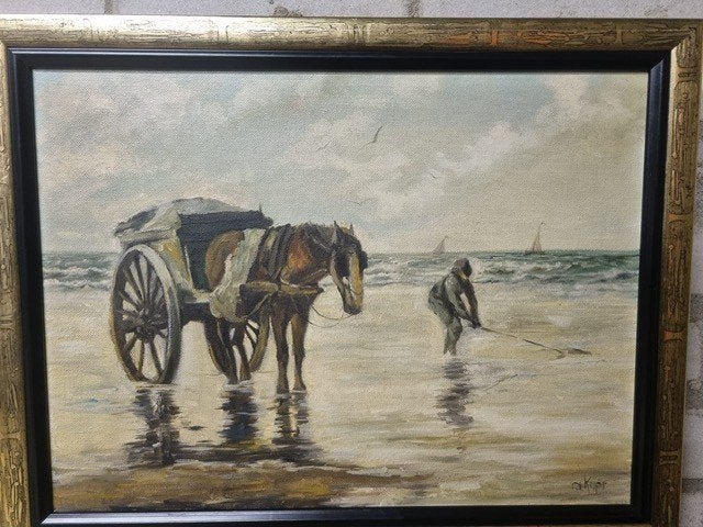 Klassiek Hollands strandgezicht: Schelpenvisser met paard, Ophalen of Verzenden