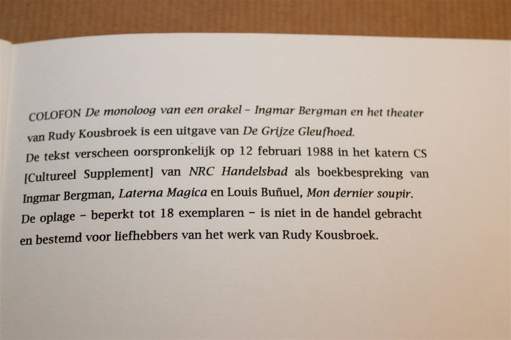 Monoloog Orakel, Rudy Kousbroek — Zeldzame Opl. 18 Ex., Ophalen of Verzenden, Zo goed als nieuw
