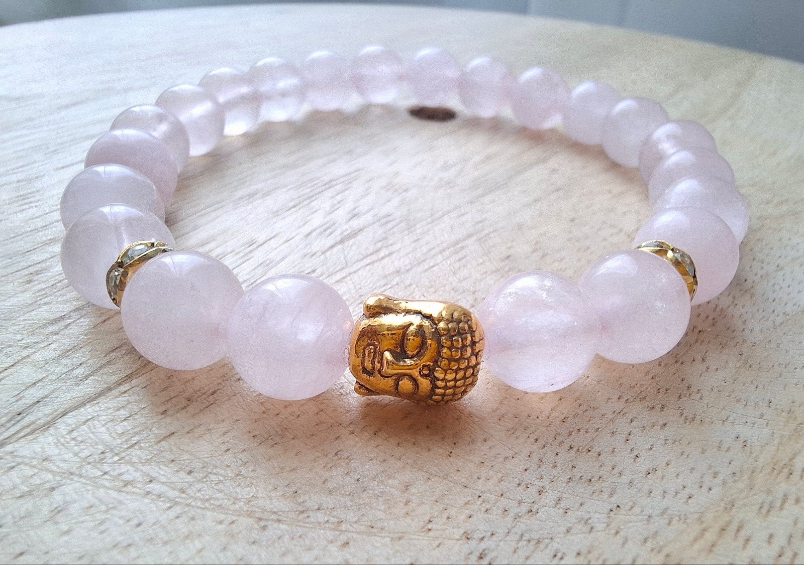 Armband buddha 8 mm rozenkwarts kralen roze goud boeddha, -, -, Nieuw, Ophalen of Verzenden