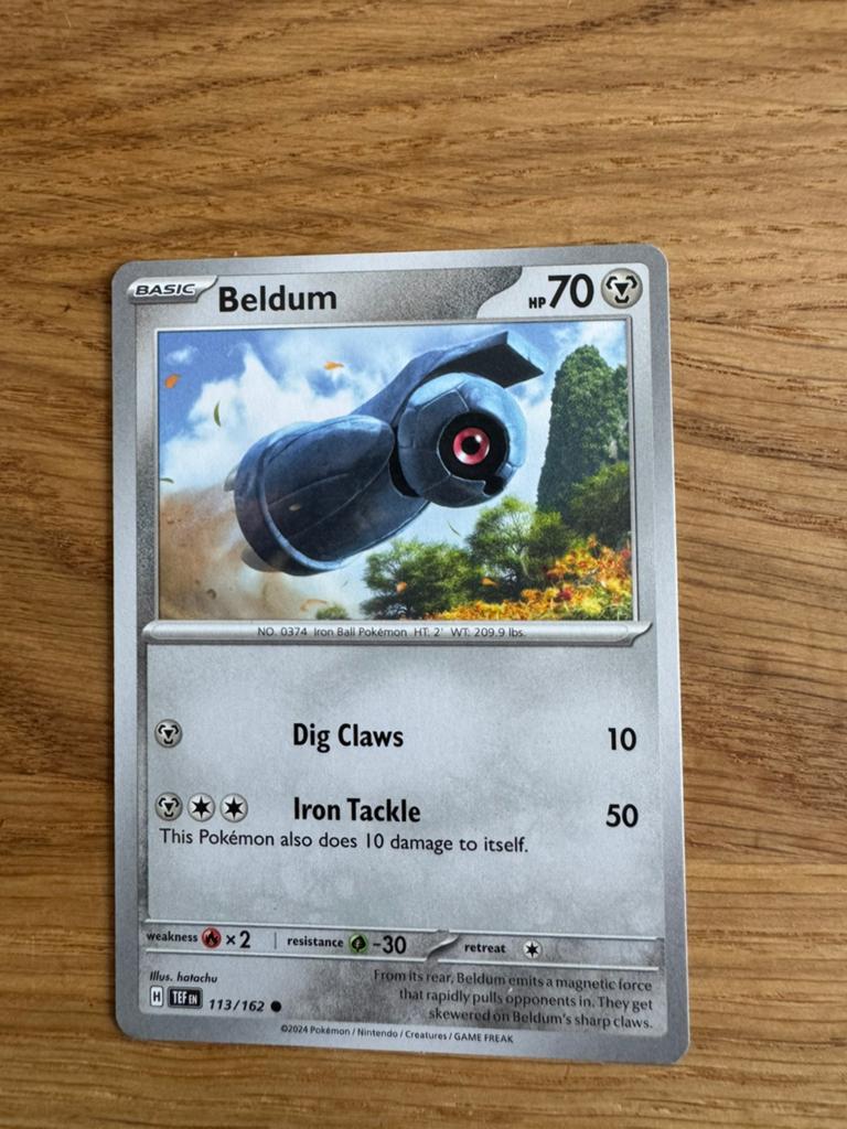 Beldum Pokémon Kaart 113/162 - Nieuwstaat, Ophalen of Verzenden, Zo goed als nieuw, Losse kaart