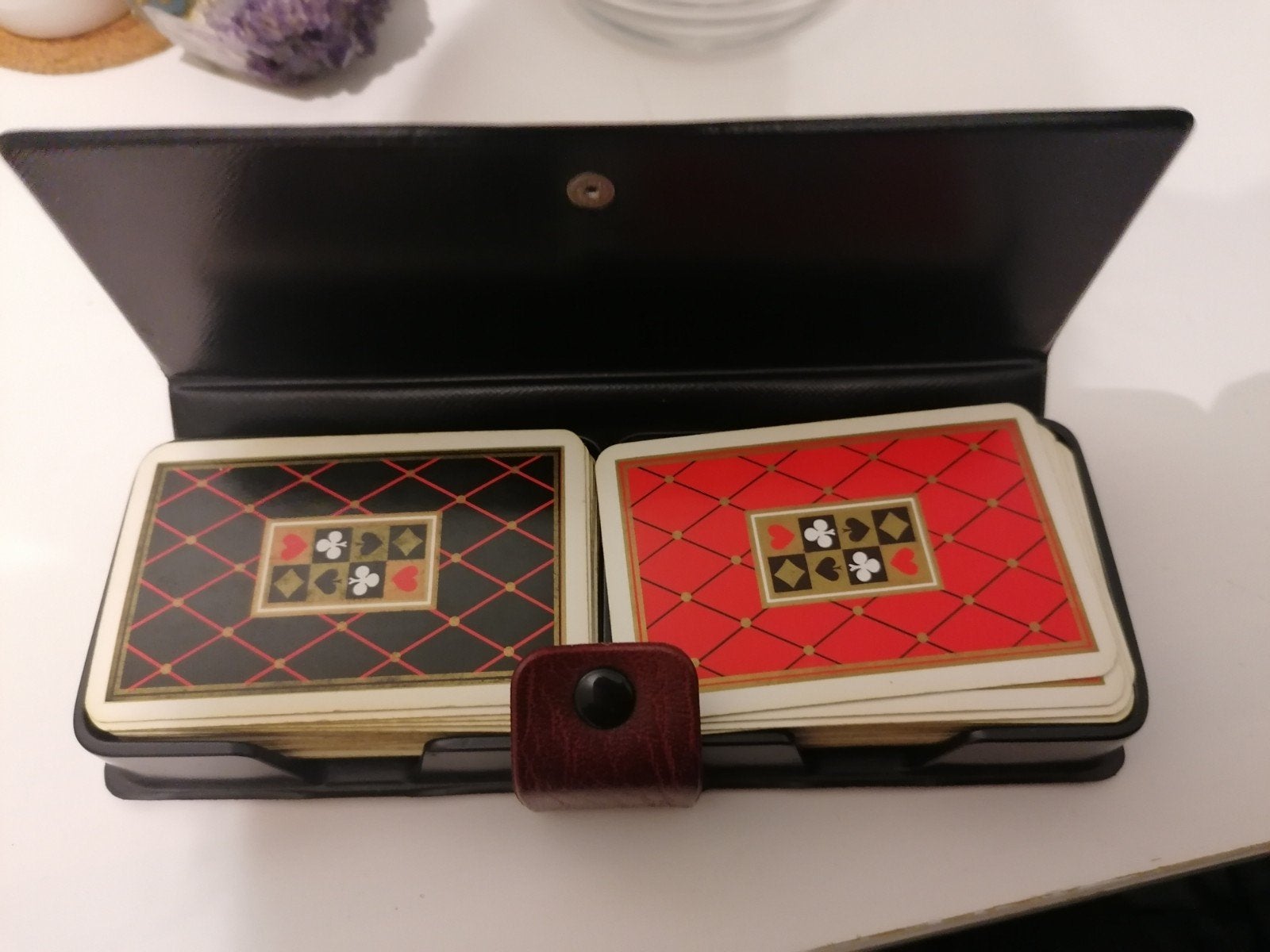 Vintage speelkaarten in leren etui, Vijf spelers of meer, Ophalen of Verzenden, Gebruikt
