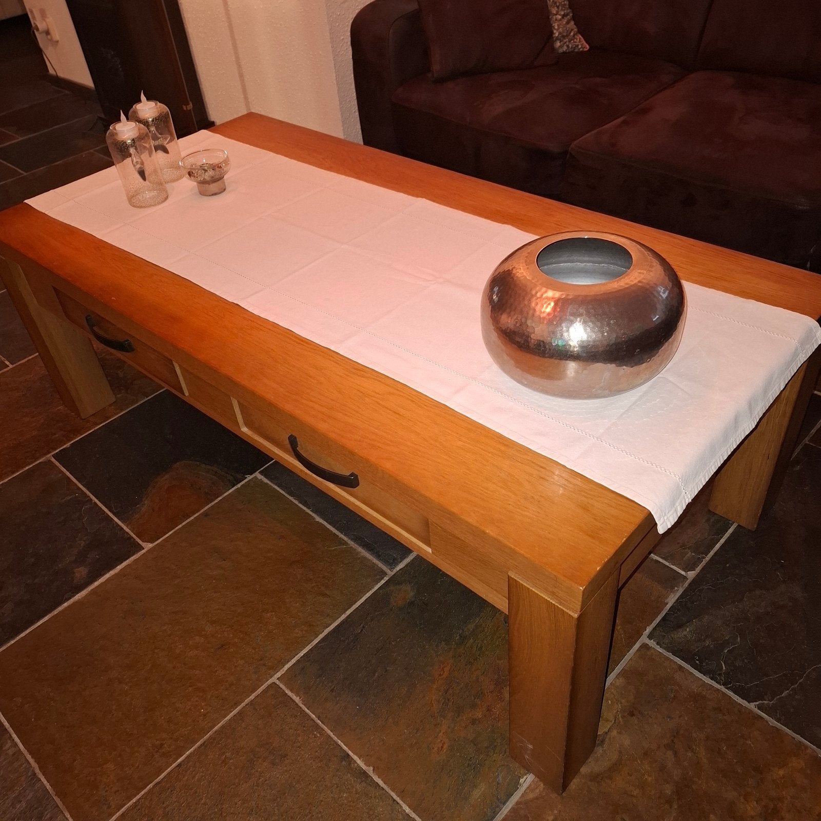 Massief houten salontafel met lades, Ophalen, Gebruikt, 100 tot 150 cm, 50 tot 100 cm
