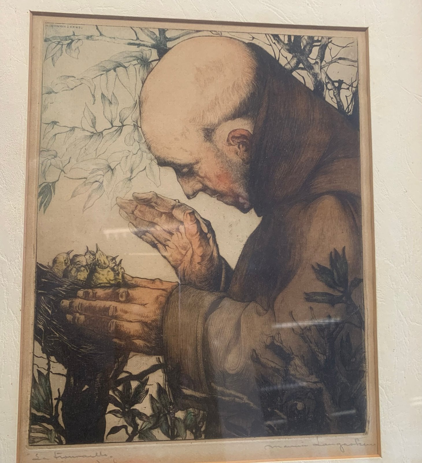 KleurenEts monnik met vogelnestje - Marius Langaskens, Ets, Ophalen of Verzenden, 1900 - 1949, Flora en Fauna