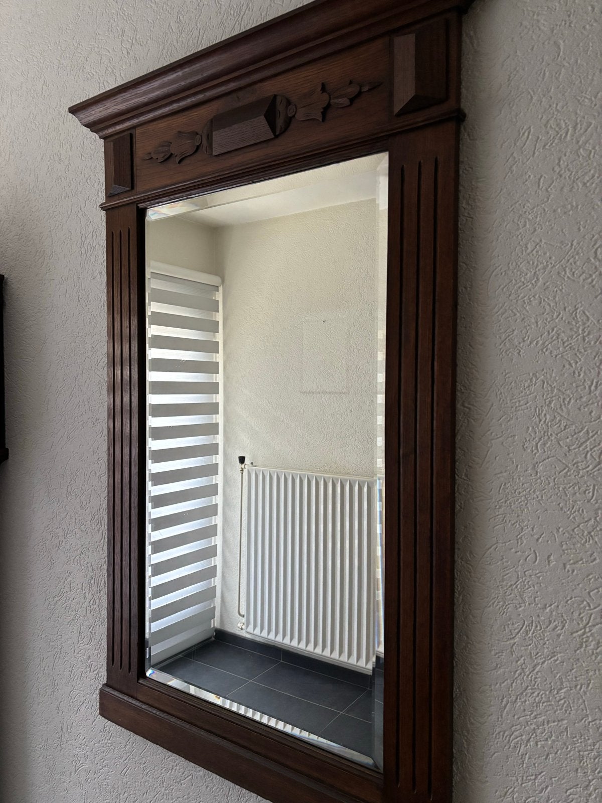 Antieke spiegel met sierlijke houten lijst, Ophalen, Rechthoekig