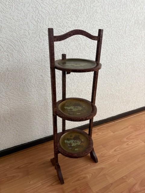 Antieke mahonie houten cake-stand met drie plateaus, Ophalen of Verzenden