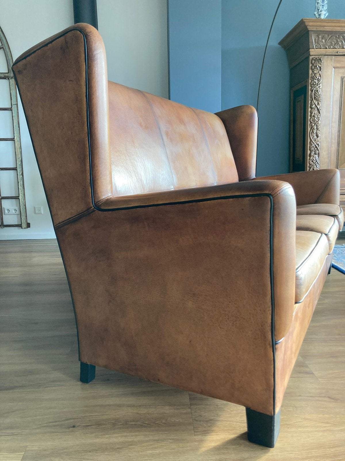 Bank schapenleer bruin, Ophalen, Gebruikt, 150 tot 200 cm, Driepersoons