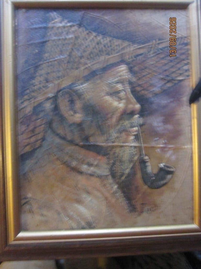 ORIENTAALSE KUNST, Man met Pijp op Blad geschilderd, Antiek en Kunst, Ophalen, Schilderij