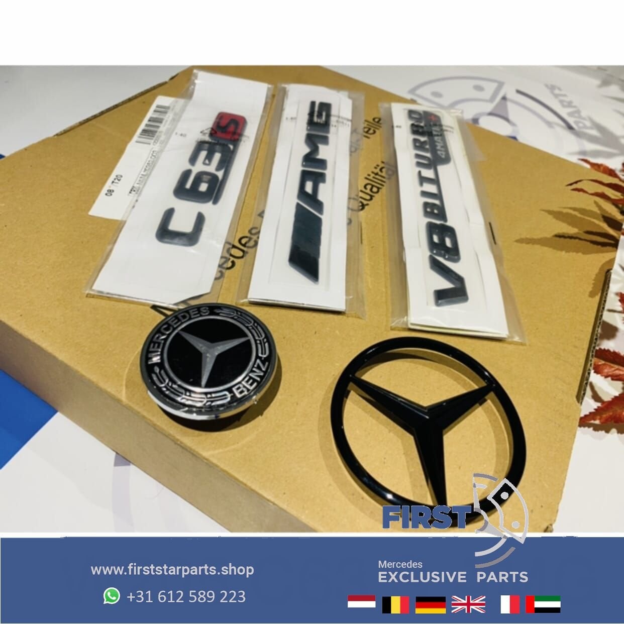 W205 C63S 4MATIC+ STER AMG LOGO SET ZWART EMBLEMEN SET Merce, Gebruikt, -, Ophalen of Verzenden, -
