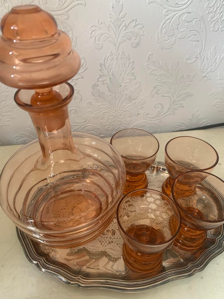 Art Deco Likeurstel Roze Glas met Zilverkleurig Dienblad, Ophalen of Verzenden