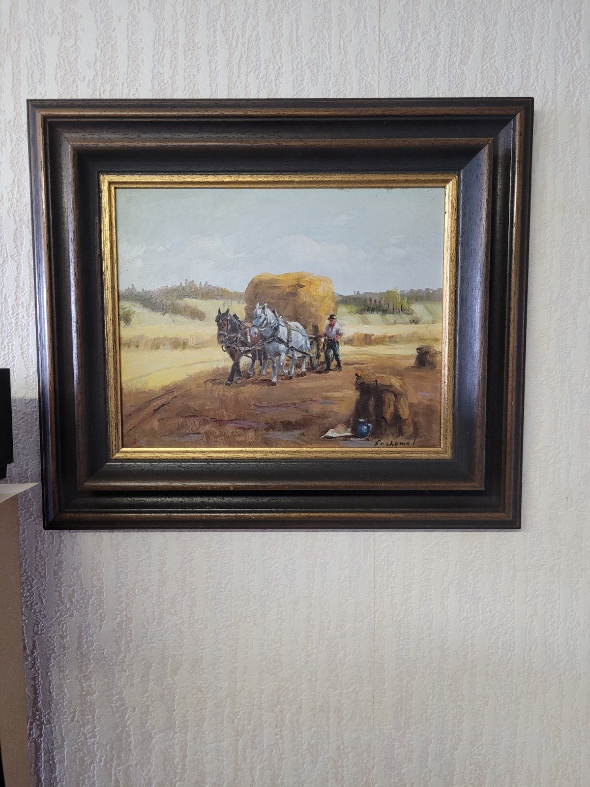 Olieverfschilderij Suchomel - Paarden en hooioogst, Antiek en Kunst, Kunst | Schilderijen | Klassiek, Ophalen of Verzenden