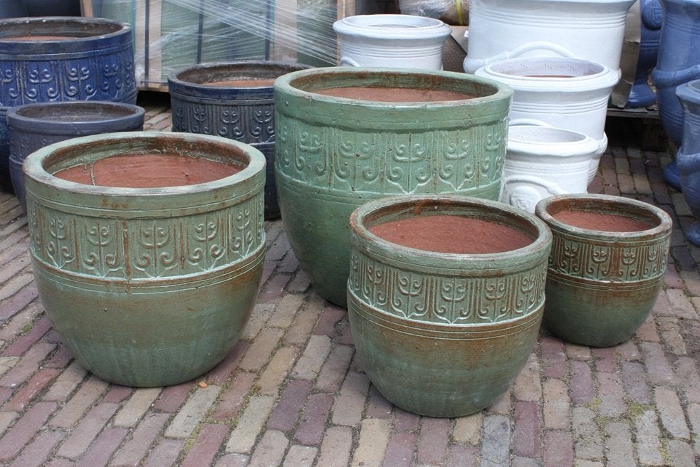 Nieuwe aardewerk bloempotten geglazuurd groen en blauw, Tuin en Terras, Rond, Nieuw, Minder dan 40 cm, Ophalen
