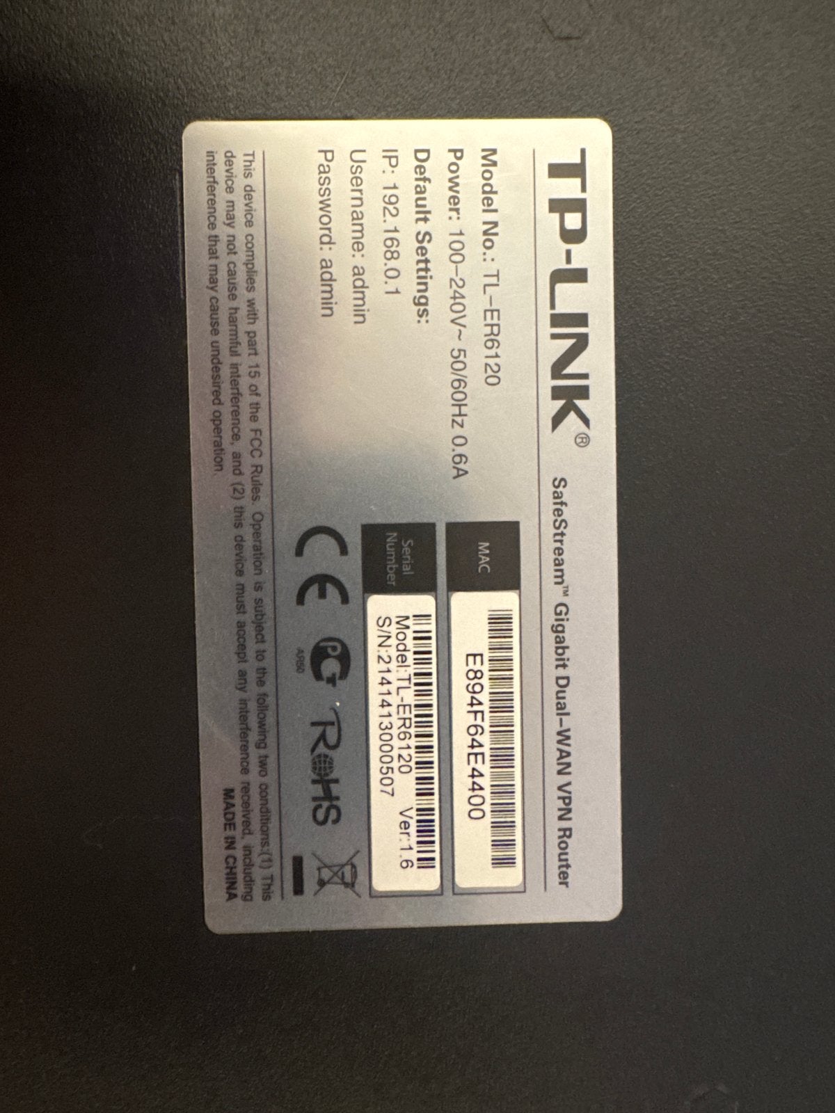 TP-Link TL-ER6120 SafeStream Dual-WAN VPN Router, Ophalen of Verzenden, Zo goed als nieuw, Router