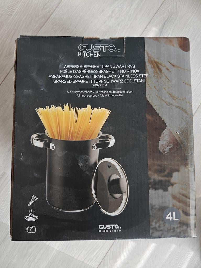 Gusta Asperge-Spaghettipan Zwart RVS 4L, Kookpan of Snelkookpan, Nieuw, Ophalen of Verzenden, Rvs