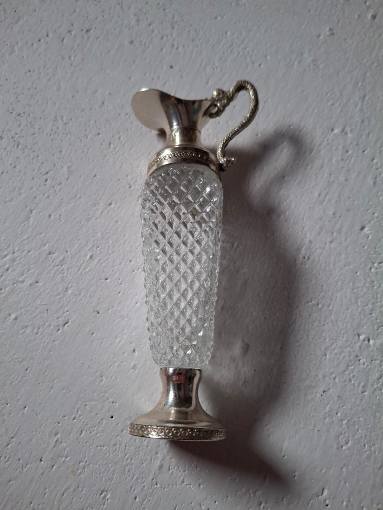 Antieke zilveren en kristallen karaf met drakenhandvat, Ophalen of Verzenden