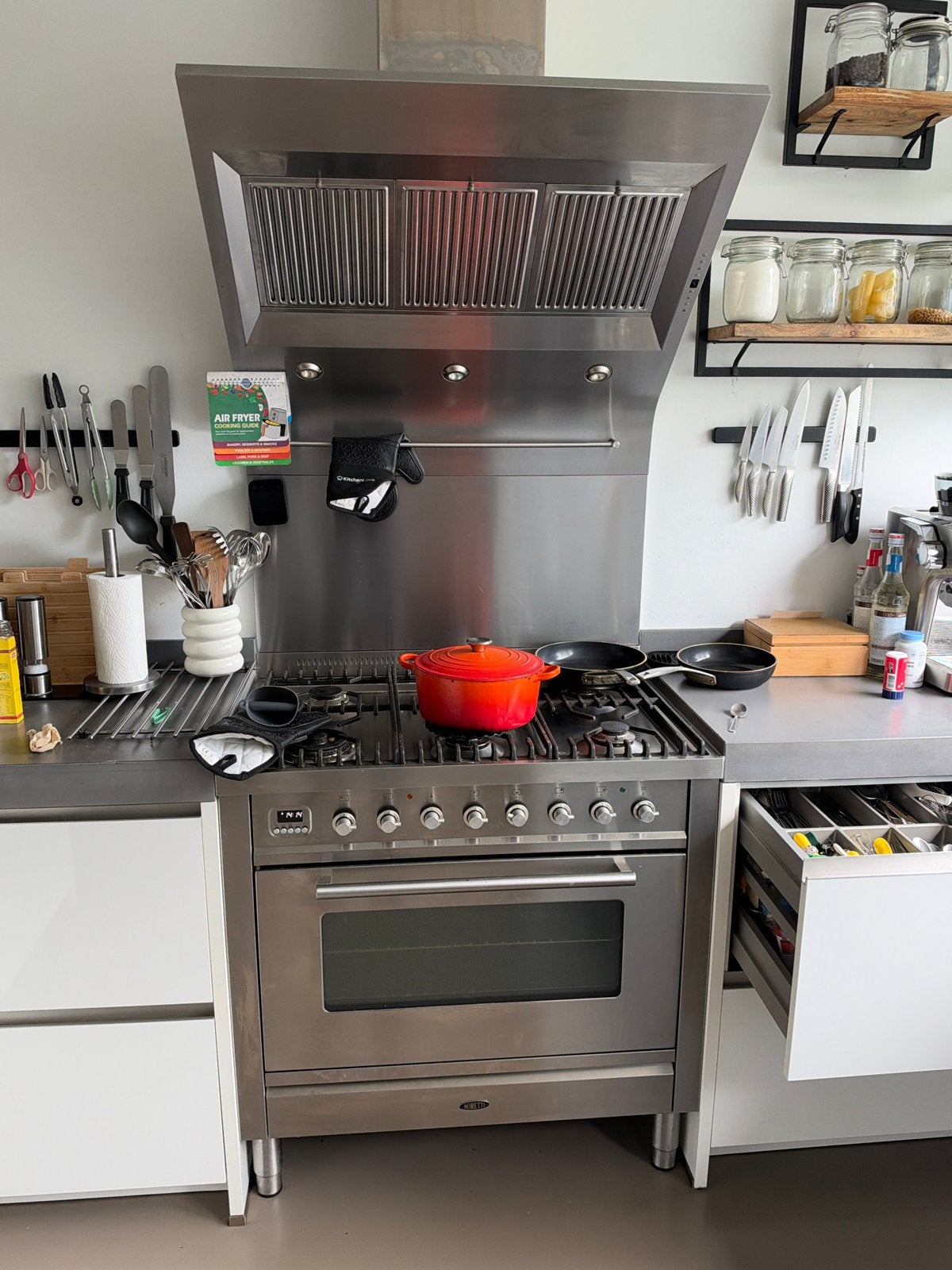 Fornuis met oven en afzuigkap - RVS 90cm, Ophalen, Gebruikt, 60 cm of meer, 4 kookzones