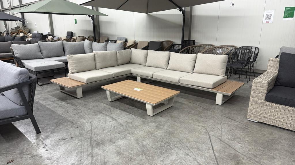 Atlanta hoek loungeset beige aluminium + polywood 305x228cm, Ophalen, Aston Martinlaan 36, 6 zitplaatsen, Bank