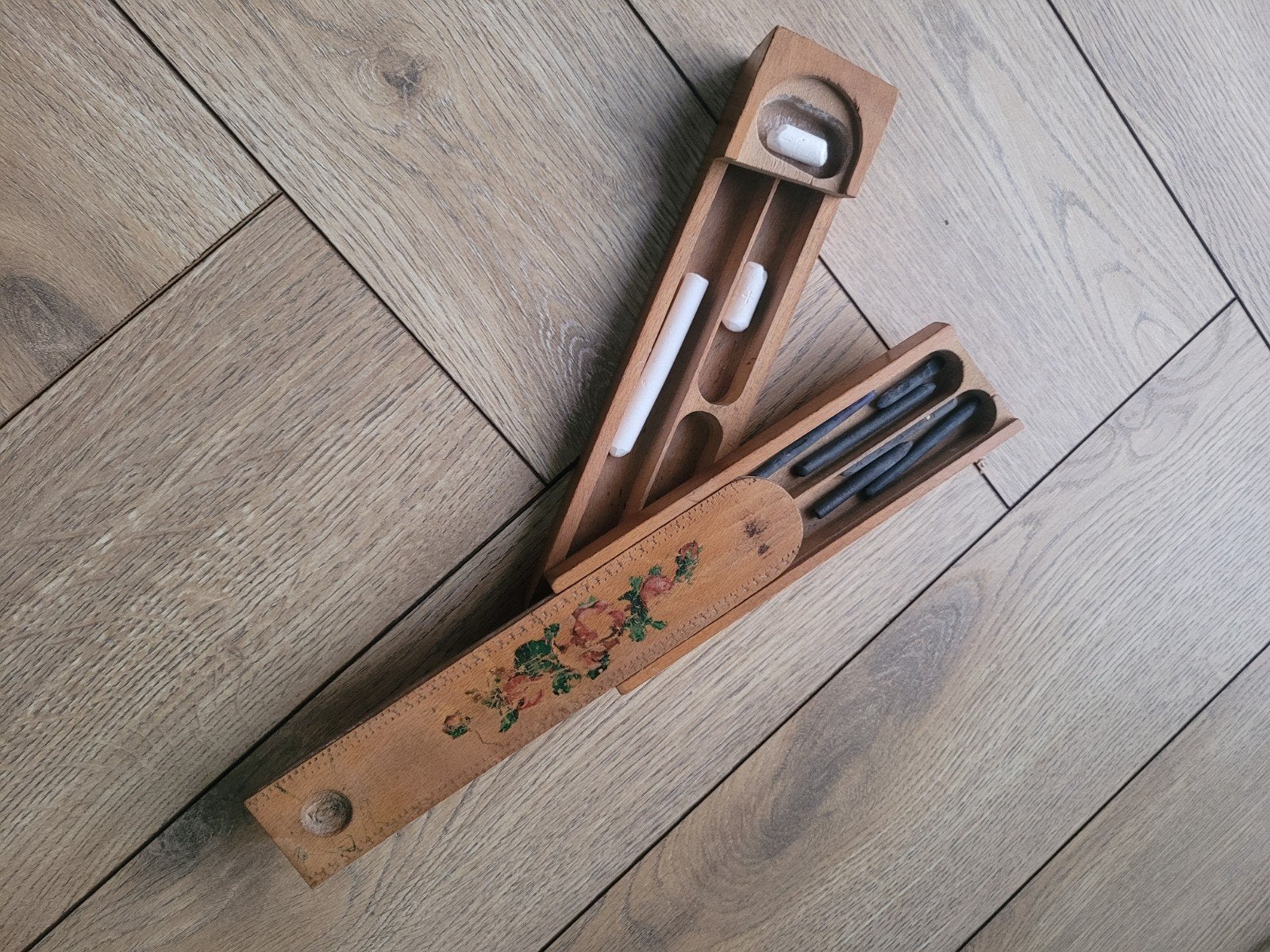 Vintage houten etui met bloemmotief, Ophalen of Verzenden