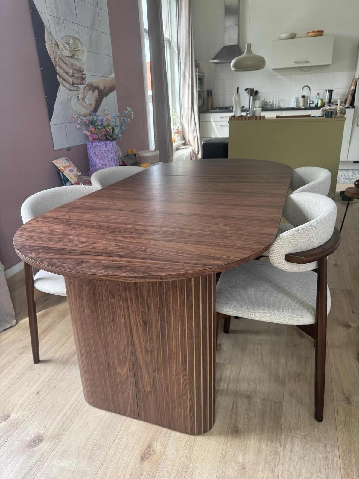 Ovale Tafel Donker Hout met japandi eetkamerstoelen 4x, Huis en Inrichting, Tafels | Eettafels, Ophalen, 100 tot 150 cm, Zo goed als nieuw