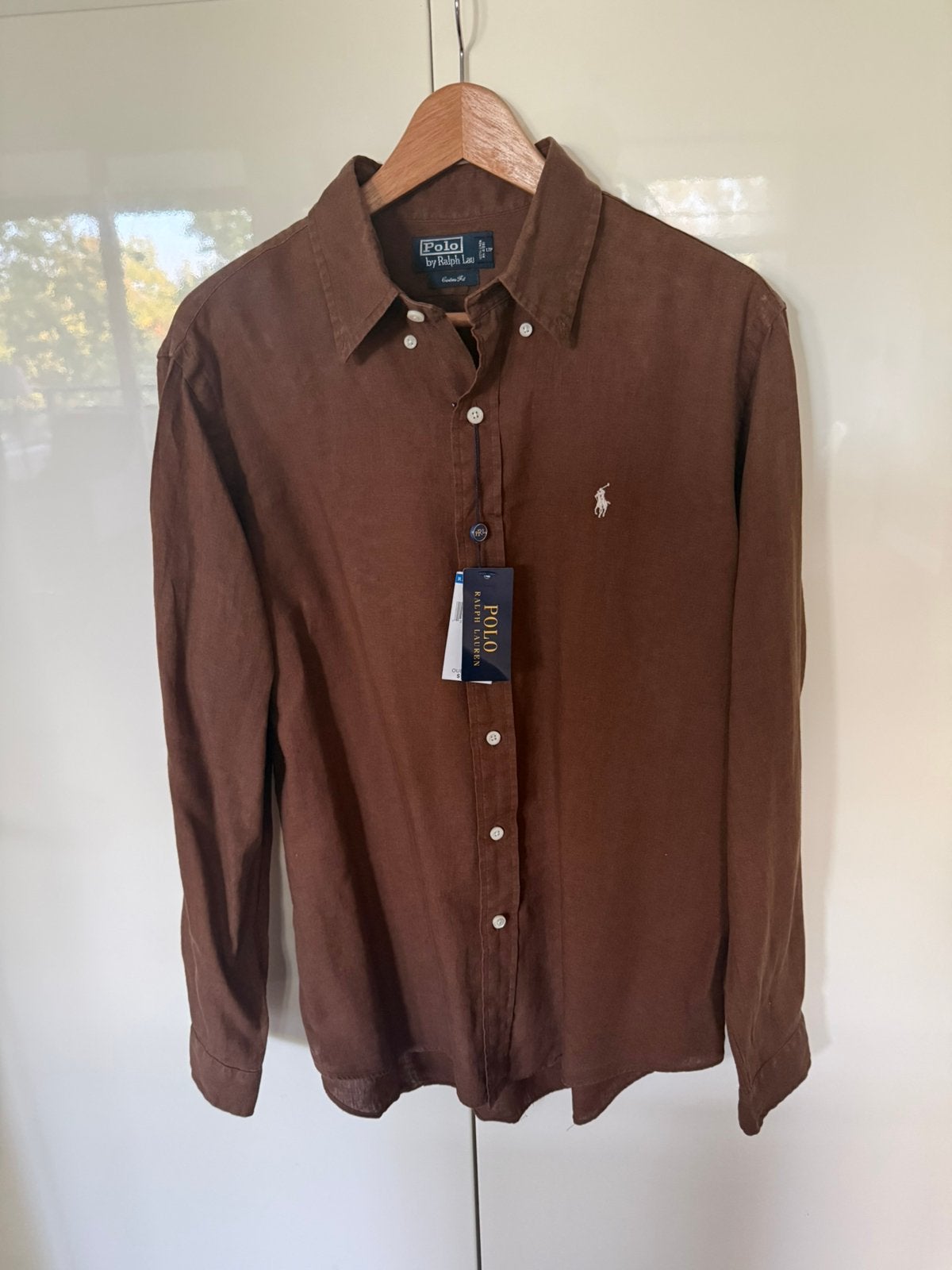 Polo Ralph Lauren linnen overhemd bruin Custom Fit, Ophalen of Verzenden, Nieuw, Bruin, Halswijdte 41/42 (L)
