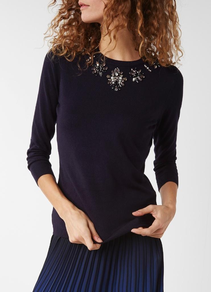 Warehouse fijngebreide navy blauw pullover trui, strass 38, Kleding | Dames, Truien en Vesten, Nieuw, Maat 38/40 (M), Blauw, Ophalen of Verzenden