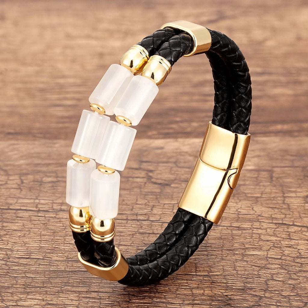 Zwarte Leren Armband Met Witte Agaat, Verzenden, Zwart, Nieuw, Leer