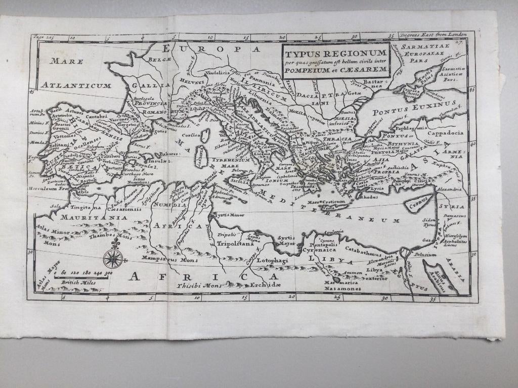 Lot 4 kaarten, verovering Julius Caesar, 1726, Antiek en Kunst, Kunst | Etsen en Gravures, Ets, Blanco verso, Met tekst, Origineel