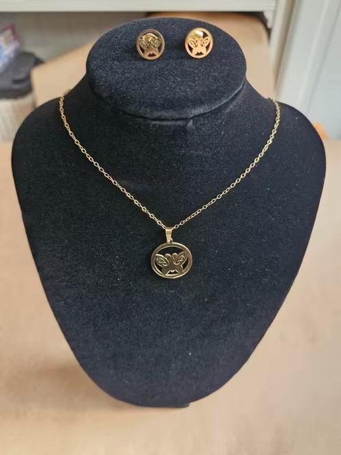 Vlinderketting met vlinder oorbellen van roestvrijstaal h3, Overige materialen, Onbekend, Nieuw, Ophalen of Verzenden