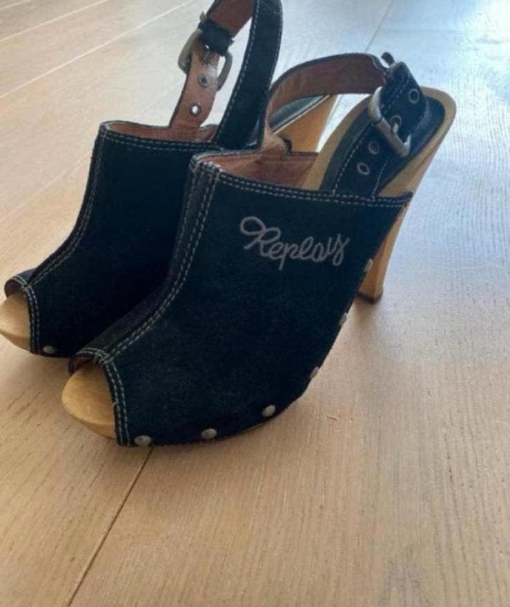 Replay hakken plateau 38 nieuwstaat, Zwart, Zo goed als nieuw, Sandalen of Muiltjes, Ophalen of Verzenden