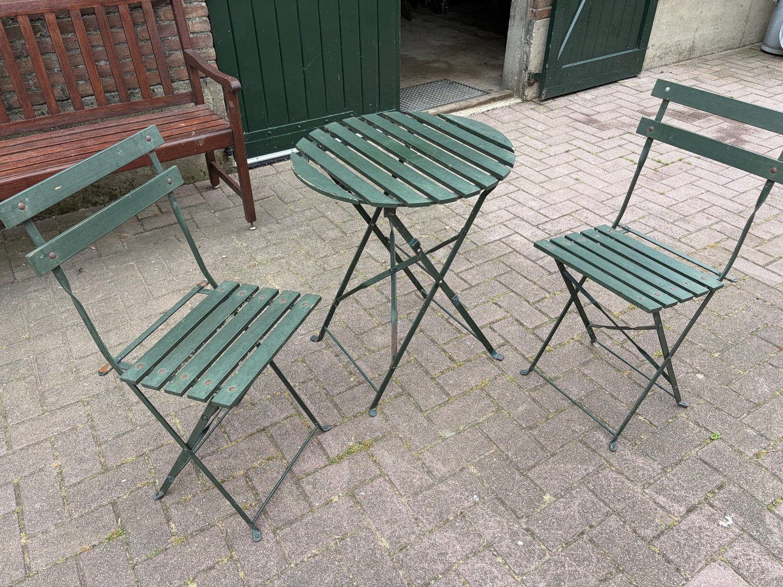 Groene bistro set: 2 stoelen en 1 tafel, Overige materialen, Gebruikt, Eettafel, Tuinset